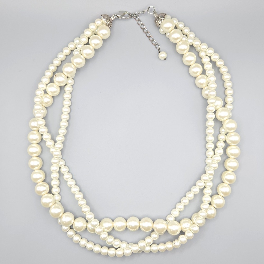 Triple Strand Glass Faux Pearl Bead Necklace Cream Silver Tone Clasp 6mm 10mm